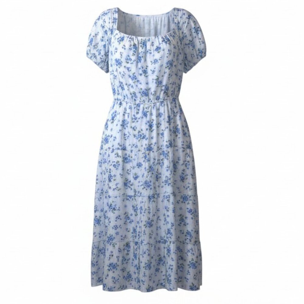 Indigo Rose Cottagecore Floral Midi Dress 2XL Blue Puff Sleeve Smocked Boho